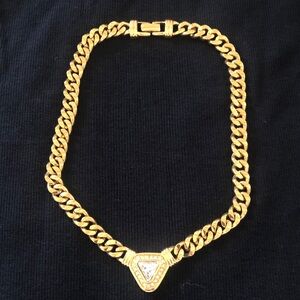 Vintage Gold -Tone Women’s Cuban Link Necklace with Triangle Crystal Pendant